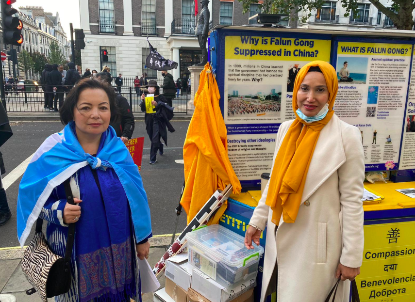 <p>Councillor Rabina Khan (right) at a protest outside the embassy earlier this year </p>Rabina Khan