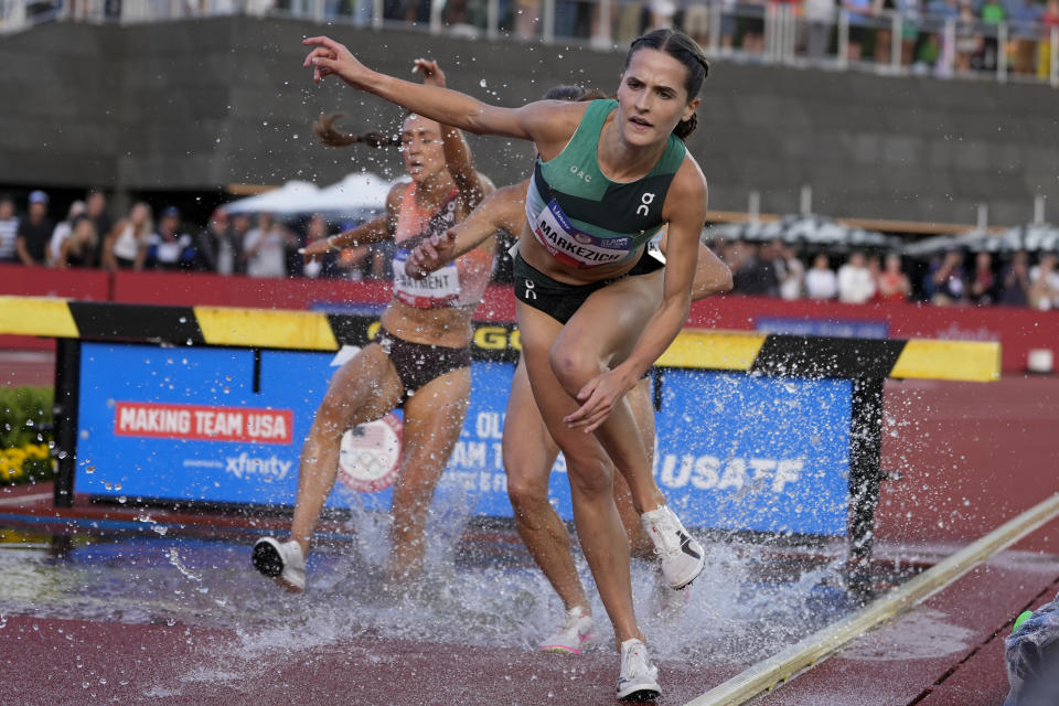 Olivia Markezich stumbles in the women's 3000-meter steeplechase final during the U.S. Track and Field Olympic Team Trials Thursday, June 27, 2024, in Eugene, Ore. (AP Photo/George Walker IV)