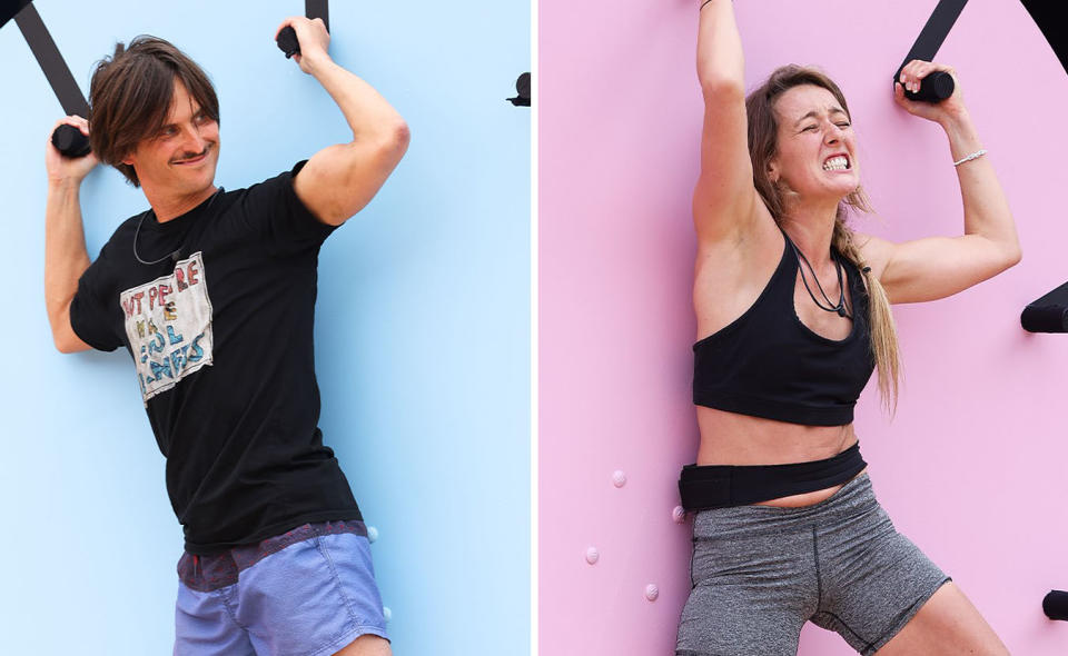 Two photos of Taras and Estelle competing in the challenge where they have to hold their body weight up. 