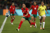 Morocco's Salma Amani runs for the ball during the Women's World Cup Group H soccer match between Morocco and Colombia in Perth, Australia, Thursday, Aug. 3, 2023. (AP Photo/Gary Day)