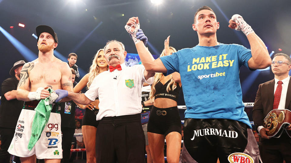 Tim Tszyu, pictured here after winning the WBO Global Super Welterweight title against Dennis Hogan.