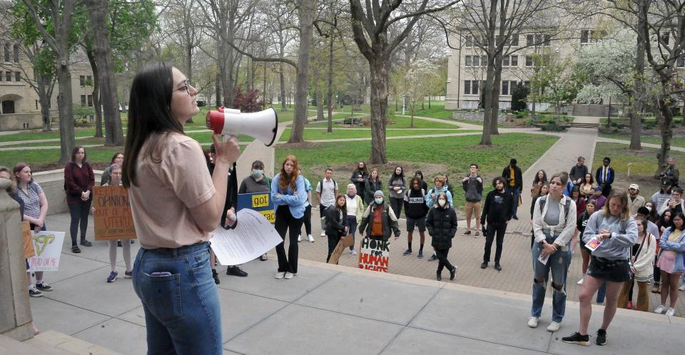 College of Wooster students, like Kate Yordy, protested Thursday on the campus. "It feels like a crisis," she said. "We believe that abortion bans are wrong."