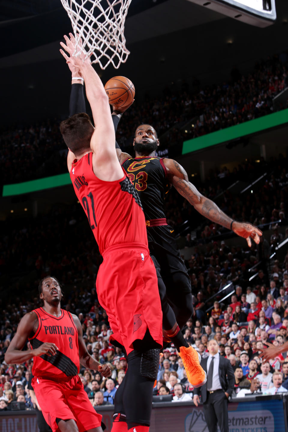 LeBron James dunks the ball on Jusuf Nurkic. Man, does he ever.)Sam Forencich/NBAE/Getty Images)