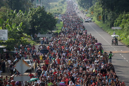 A caravan of thousands of migrants from Central America walk towards Tapachula from Ciudad Hidalgo while en route to the United States, in Frontera Hidalgo, Mexico October 21, 2018. REUTERS/Adrees Latif