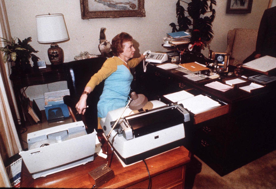 Rose Mary Woods, President Richard Nixon's secretary at her White House desk in 1973.