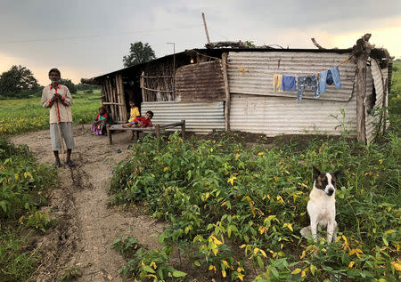 Misri Lal, 52, a farm labourer, stands outside his house with his family in Bhomada village, Sehore district, in the central state of Madhya Pradesh, India, September 11, 2018. REUTERS/Krishna N. Das