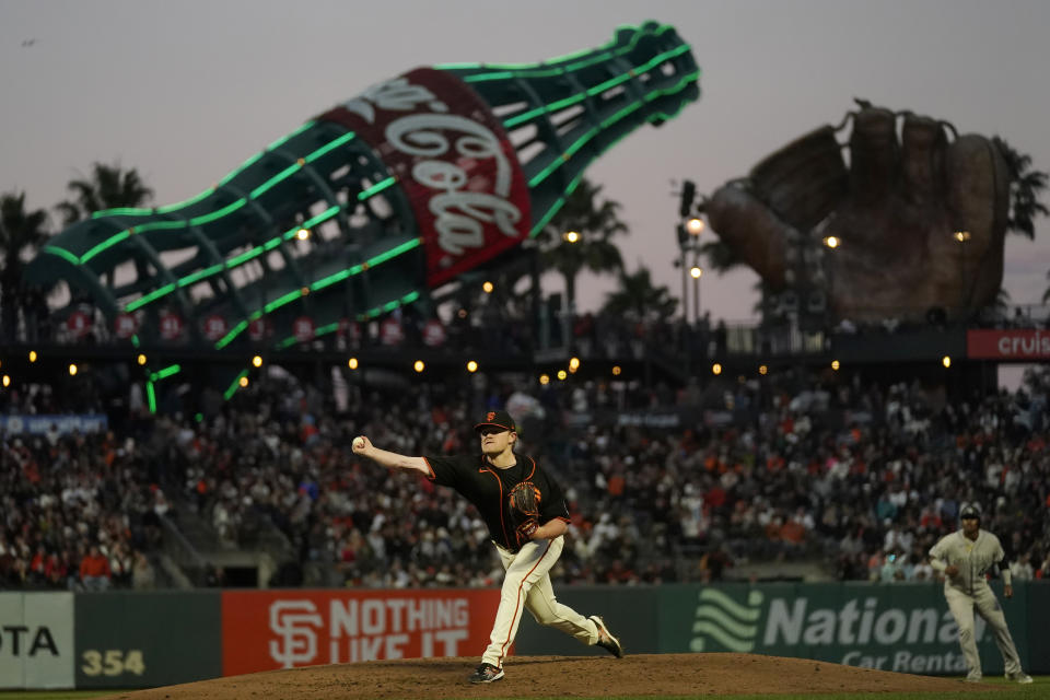 San Francisco Giants pitcher Logan Webb works against the Colorado Rockies during the fifth inning of a baseball game in San Francisco, Saturday, Sept. 9, 2023. (AP Photo/Jeff Chiu)