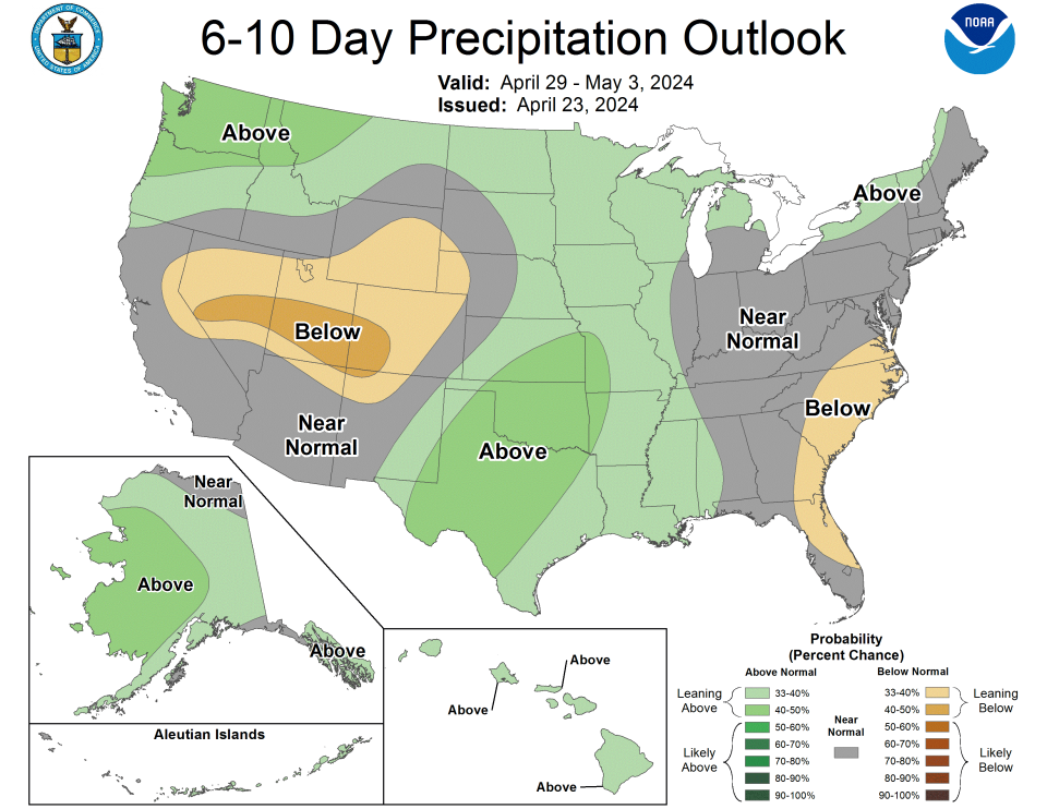 Temperature outlook for April 29 through May 3, 2024.