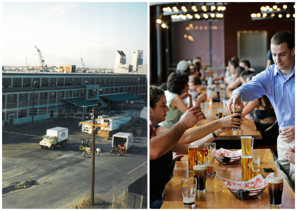 This combination photo shows, left, a 1986 photo provided by the Harpoon Brewery of the brewery under construction and right, patrons sampling a variety of beers at the Beer Hall on July 1, 2013 in Boston. Harpoon Brewery opened on the South Boston waterfront in 1986, when it was surrounded by auto body shops and little else. Now the brewery draws more than 85,000 people a year from tours and tastings, and thousands more from festivals. (AP Photo/Harpoon Brewery)