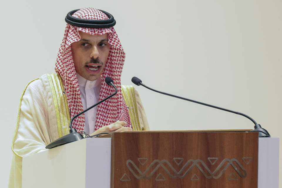 Saudi Arabia's Foreign Minister Prince Faisal bin Farhan speaks during a news conference with Secretary of State Antony Blinken, not pictured, at the Intercontinental Hotel in Riyadh, Saudi Arabia, Thursday, June 8, 2023. (Ahmed Yosri/Pool Photo via AP)