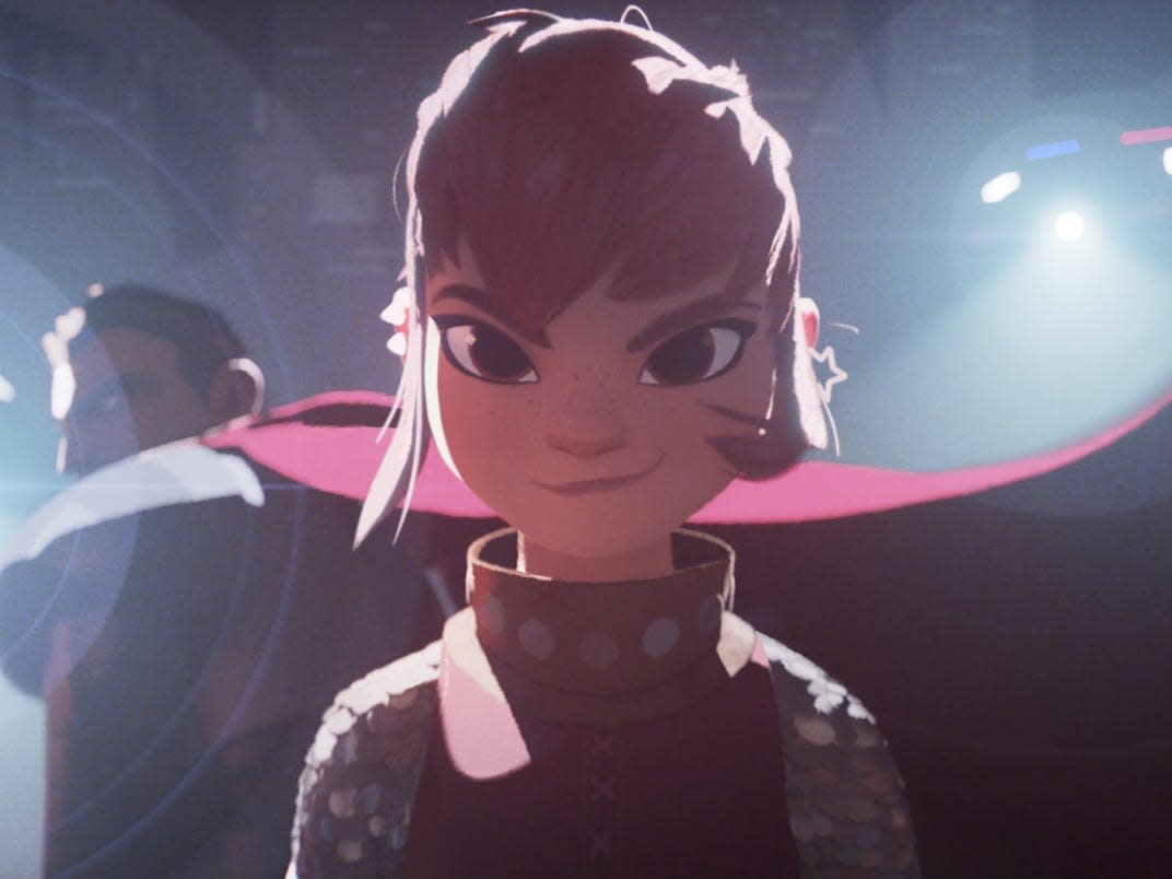 nimona in the film nimona. she's a young teen with short hair, bangs, and two longer pieces in the front. she's smirking, and in the background, ballister boldheart, a knight with armor and a cape, can be seen.