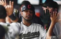 May 26, 2018; Cleveland, OH, USA; Cleveland Indians designated hitter Edwin Encarnacion (10) celebrates after scoring during the second inning against the Houston Astros at Progressive Field. Mandatory Credit: Ken Blaze-USA TODAY Sports