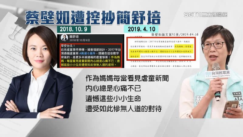 蔡壁如的論文和民進黨議員簡舒培臉書一篇文章幾乎一樣。