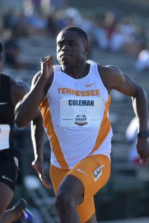 Jun 22, 2017, Sacramento, CA, USA; Christian Coleman of Tennessee wins 100m heat in 9.90 for the top qualifying time during the USA Championships at Hornet Stadium. Mandatory Credit: Kirby Lee-USA TODAY Sports