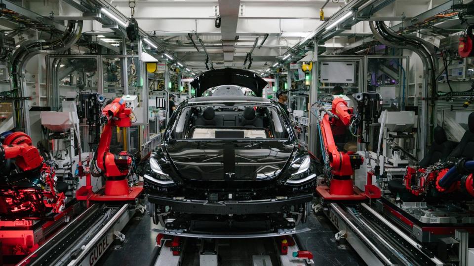 tesla model 3 on the production line