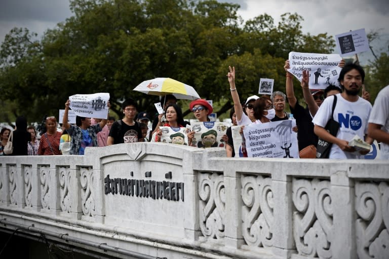 Anti-junta demonstrators march against military rule on the second anniversary of Thailand's military coup in Bangkok on May 22, 2016