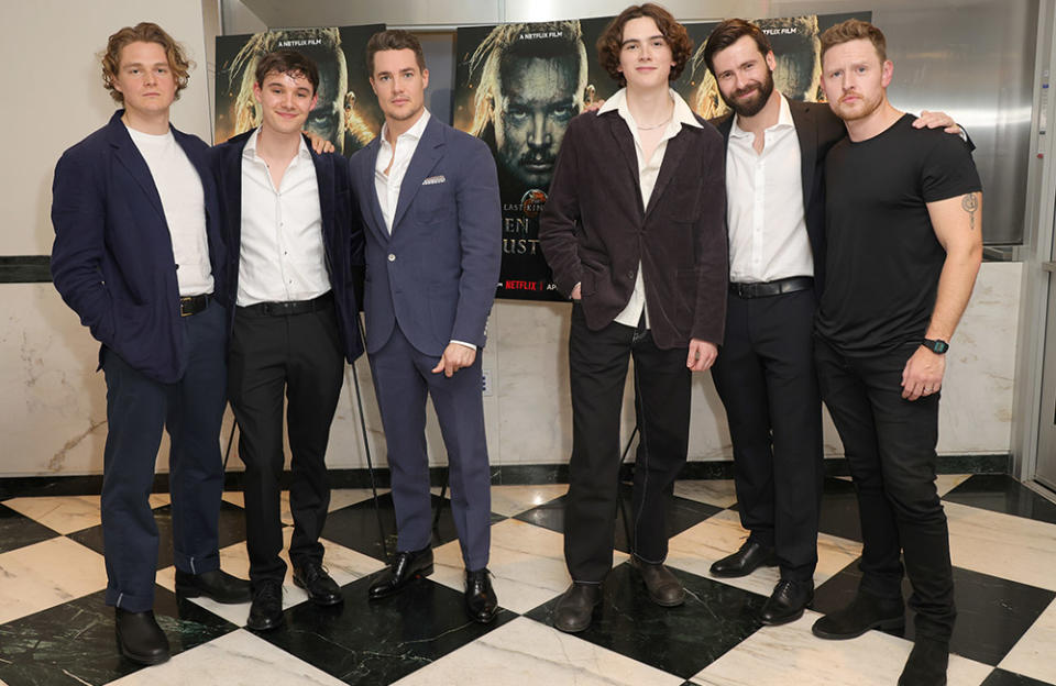 (L-R) Timothy Innes, Ewan Horrocks, Alexander Dreymon, Harry Gilby, Mark Rowley and Ross Anderson attend Netflix's "The Last Kingdom: Seven Kings Must Die" New York screening at Paris Theater on April 04, 2023 in New York City.