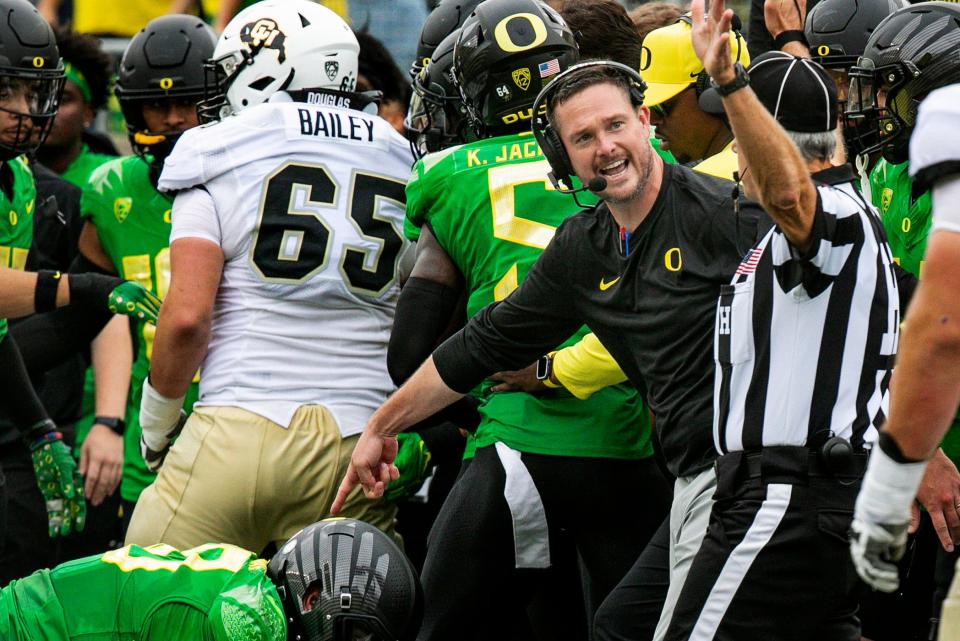 Oregon head coach Dan Lanning reacts to a call as the Oregon Ducks host Colorado in the Pac-12 opener on Sept. 23 at Autzen Stadium in Eugene.