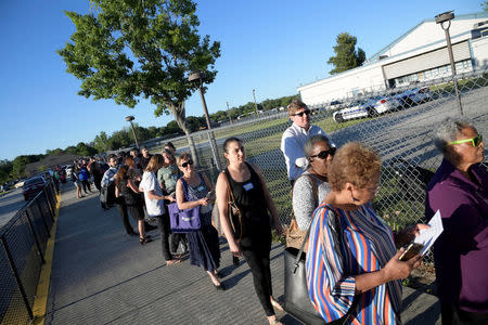 Residents line up outside Abraham Lincoln Middle School to hear U.S. Representative Ted Yoho (R-FL) speak during a town hall meeting in Gainesville, Florida, U.S., April 10, 2017. REUTERS/Phelan Ebenhack