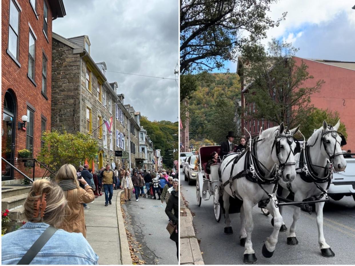 Tourists walking around Jim Thorpe (left); A horse-drawn carriage in downtown (left).