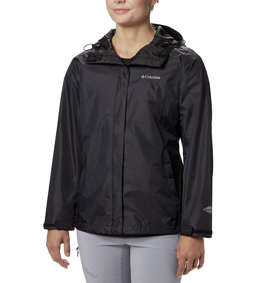 women's rain jacket, woman wearing grey pants and black rain jacket, Columbia Womens Arcadia II Jacket in black (Photo via Amazon)