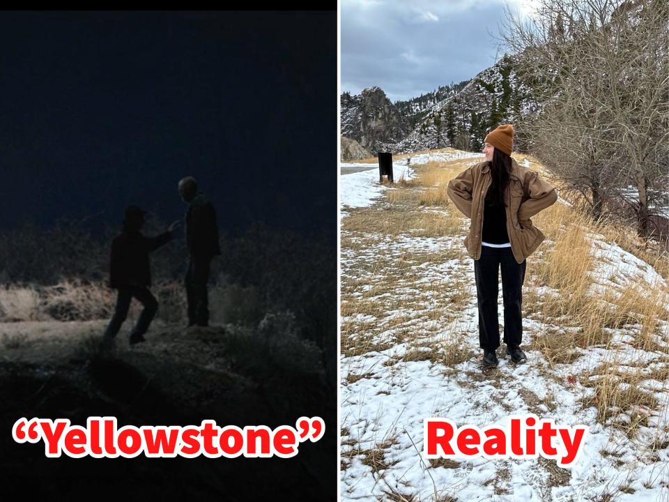 Side-by-side photos show the "train station" in "Yellowstone" and in real life.