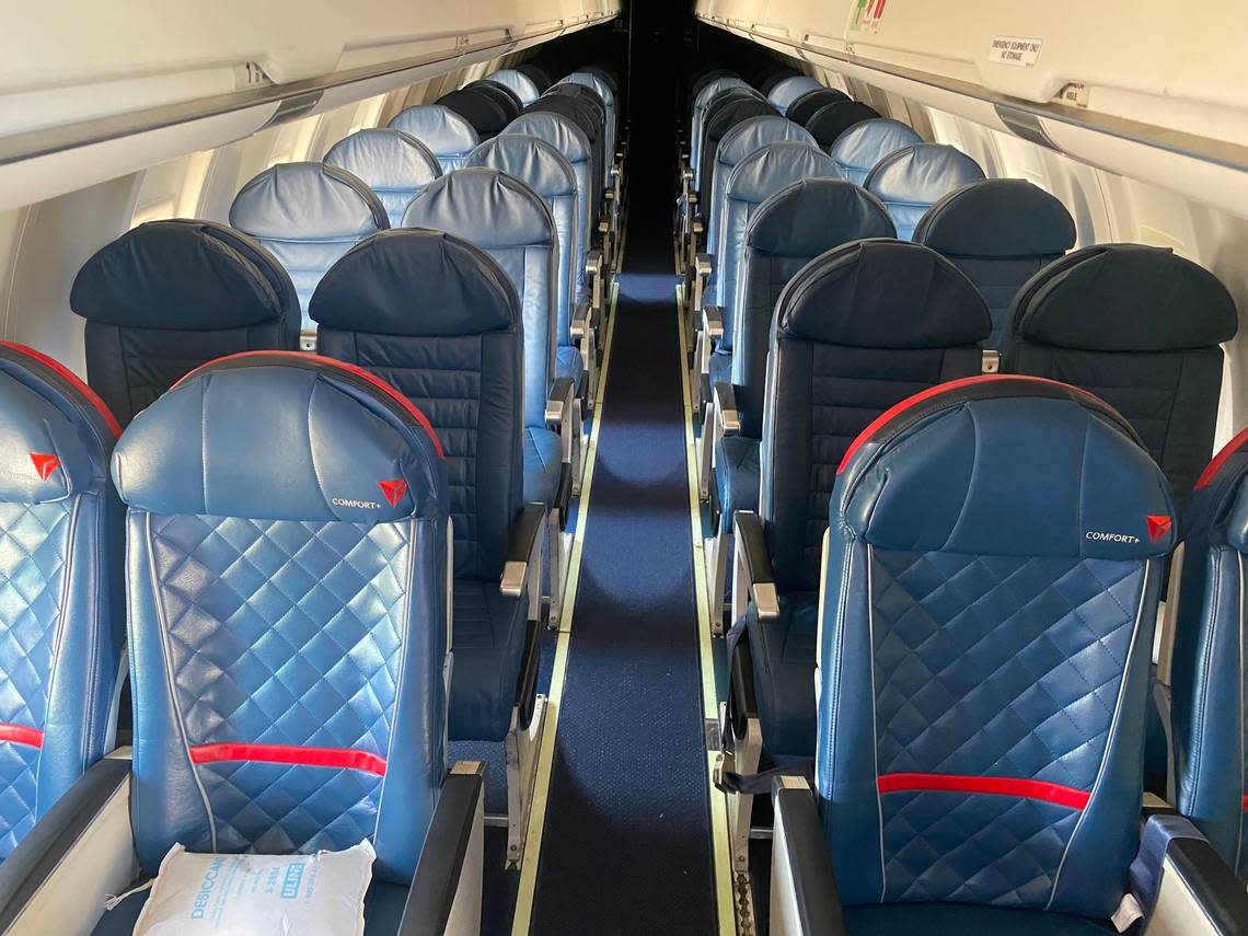 The 50-seat interior of a retired Bombardier CRJ200 regional jet given by SkyWest Airlines to San Joaquin Valley College’s aviation maintenance program in Fresno. The fully operational jet, minus its engines, offers a hands-on learning platform for students in the 18-month program.