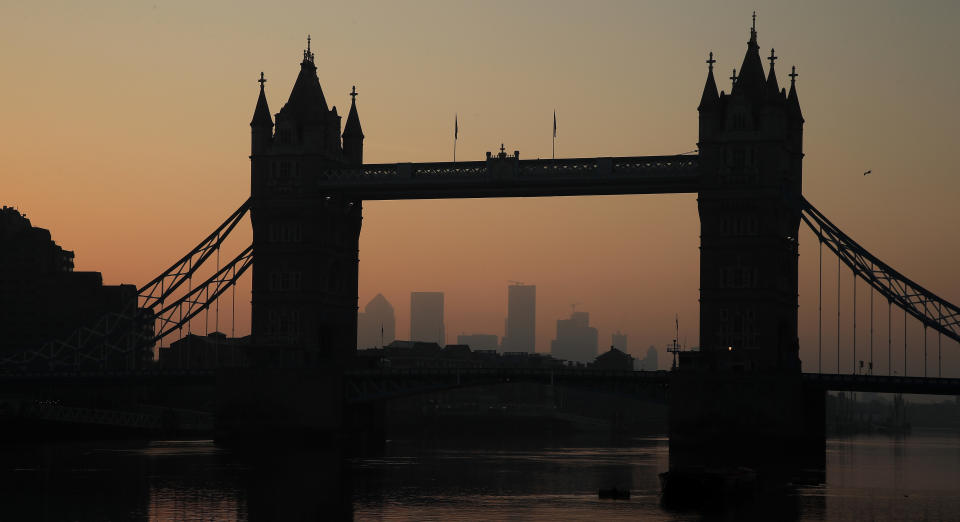 LONDON, ENGLAND  - APRIL 16: A general view of Tower Bridge at sunrise on April 16, 2020 in London, England . The Coronavirus (COVID-19) pandemic has spread to many countries across the world, claiming over 130,000 lives and infecting over 2 million people. (Photo by Andrew Redington/Getty Images)