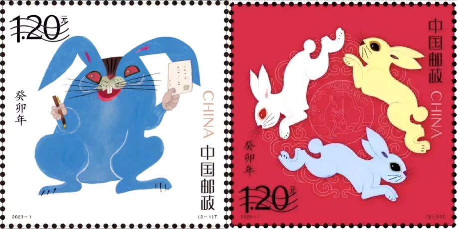 為迎接民國112年「兔年」到來，各國都推出2023年兔年生肖郵票，掀起許多網友關注，其中中國大陸的兔年郵票評價褒貶不一。（圖片來源：翻攝自微博）