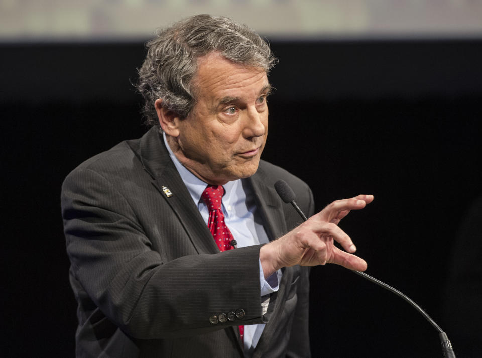 Sen. Sherrod Brown, D-Ohio speaks during a debate at the Idea Center in Playhouse Square, Sunday, Oct. 14, 2018, in Cleveland. (AP Photo/Phil Long, Pool)