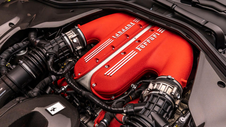The naturally aspirated, 6.5-liter V-12 engine inside a Ferrari 12Cilindri.