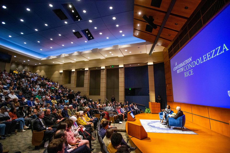 During "A Conversation With: Condoleezza Rice," the former secretary of state discussed the war in Ukraine, U.S. polarization and NCAA sports with Notre Dame President Rev. John Jenkins at the university's Mendoza College of Business.