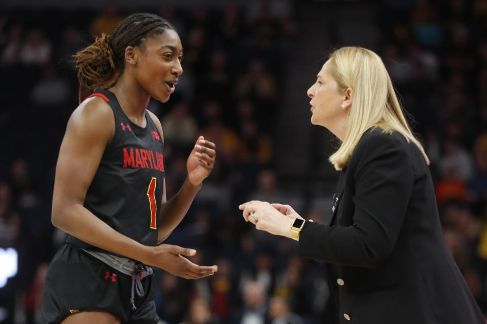 Maryland head coach Brenda Frese talks with Maryland guard Diamond Miller, left, in the second half of an NCAA college basketball game against Iowa at the Big Ten women's tournament Saturday, March 4, 2023, in Minneapolis. Iowa won 89-84. (AP Photo/Bruce Kluckhohn) /// [EXTERNAL]