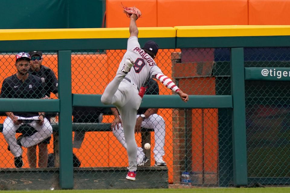 Guardians left fielder Richie Palacios leaps but is unable to play the double hit by Detroit Tigers' Jonathan Schoop in the third inning of the second game of a doubleheader Monday in Detroit. The Tigers won 5-3 to complete a sweep. [Carlos Osorio/Associated Press]