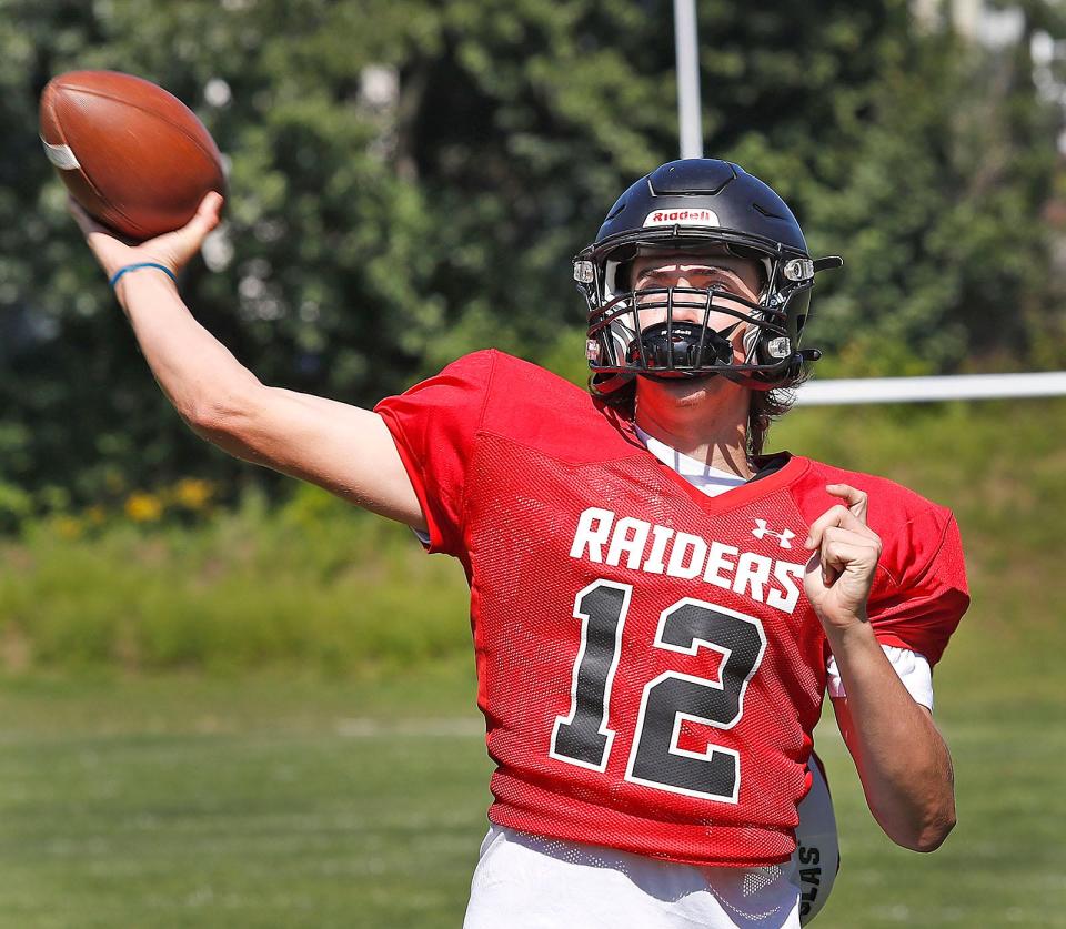 Quarterback hopeful senior Charlie Baker.The North Quincy Raiders football team practice for their first scrimmage on Saturday against S.Mary's of Lynn on Wednesday, August 23, 2023  