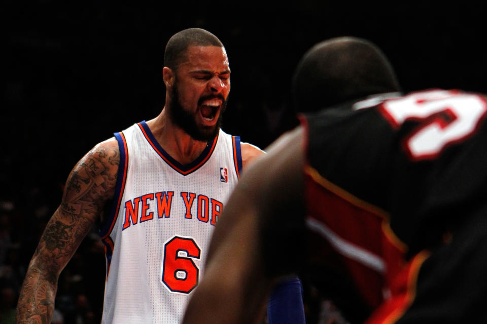 NEW YORK, NY - MAY 06: Tyson Chandler #6 of the New York Knicks reacts against the Miami Heat in the second half of Game Four of the Eastern Conference Quarterfinals in the 2012 NBA Playoffs on May 6, 2012 at Madison Square Garden in New York City. NOTE TO USER: User expressly acknowledges and agrees that, by downloading and or using this photograph, User is consenting to the terms and conditions of the Getty Images License Agreement (Photo by Jeff Zelevansky/Getty Images)