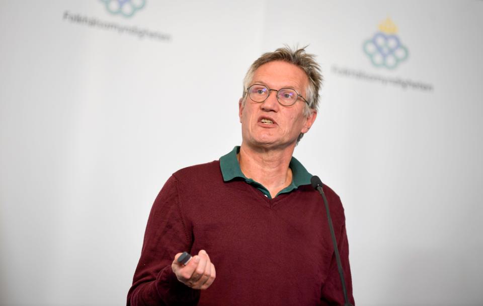 State epidemiologist Anders Tegnell of the Public Health Agency of Sweden speaks during a coronavirus news conference in Stockholm, Sweden, Wednesday May 27, 2020.  The Swedish government and agencies give a daily update on the coronavirus COVID-19 situation. (Pontus Lundahl / TT via AP)