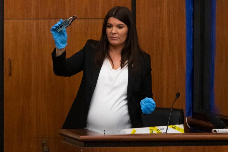 State Law Enforcement Division’s Dalila Cirencione shows a multitool that is evidence in the trial of Nathaniel Rowland at the Richland County Courthouse on Thursday, July 22, 2021. Cirencione also showed other evidence gathered at Maria Howard’s home.