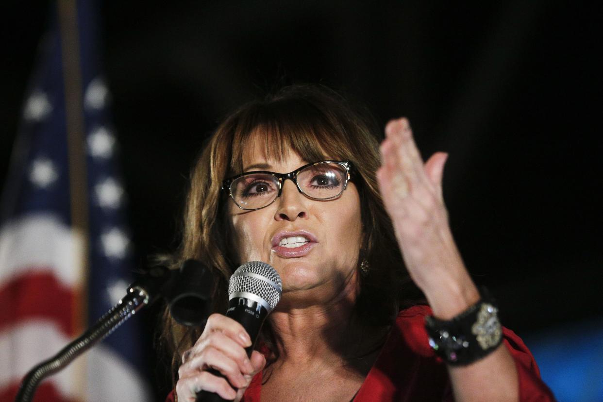 In this Sept. 21, 2017, file photo, former vice presidential candidate Sarah Palin speaks at a rally in Montgomery, Ala.  