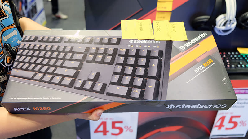 The SteelSeries Apex M260 is available with either red or brown Kailh switches, which frankly, are quite indistinguishable from their Cherry MX cousins. The keyboard also features LED backlighting in either frost blue or heat orange. It is selling now at $99, down from a usual price of $185.