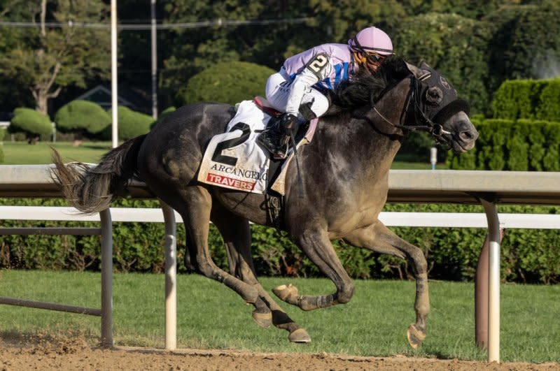 Arcangelo wins Saturday's Grade I Travers Stakes, the "Midsummer Derby" at Saratoga. Photo by Walter Wlodarczyk, Coglianese Photography, courtesy of New York Racing Association