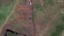 This satellite image provided by Maxar Technologies claims to show self-propelled artillery positioned in the village of Serha in Eritrea, across the border from the town of Zalambessa in the Tigray region of northern Ethiopia on Monday, Sept. 19, 2022. New satellite imagery of one of the world's most reclusive nations shows military positions inside Eritrea near the border with Ethiopia's northern Tigray region, backing up witness accounts of a new, large-scale offensive. (Maxar Technologies via AP)