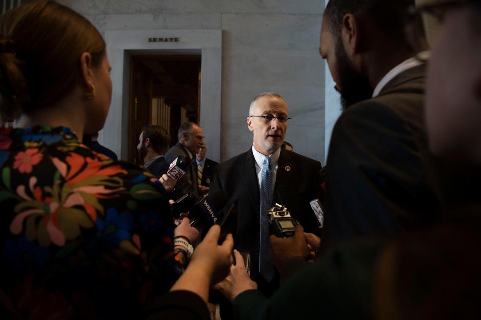 Sen. Brent Taylor, R- Memphis, speaks to members of the press following session at the Tennessee state Capitol in Nashville, Tenn., Thursday, March 14, 2024.