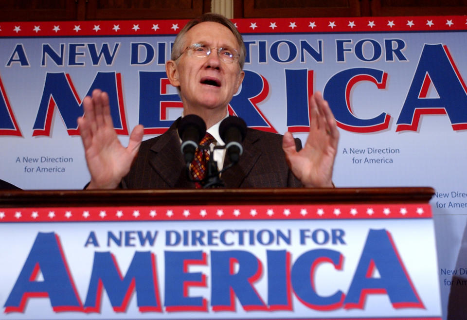 FILE - Senate Democratic Leader Harry Reid of Nev., discusses the results of Tuesday's election during a news conference on Capitol Hill in Washington on Wednesday, Nov. 8, 2006. Reid, the former Senate majority leader and Nevada’s longest-serving member of Congress, has died. He was 82. (AP Photo/Dennis Cook, File)