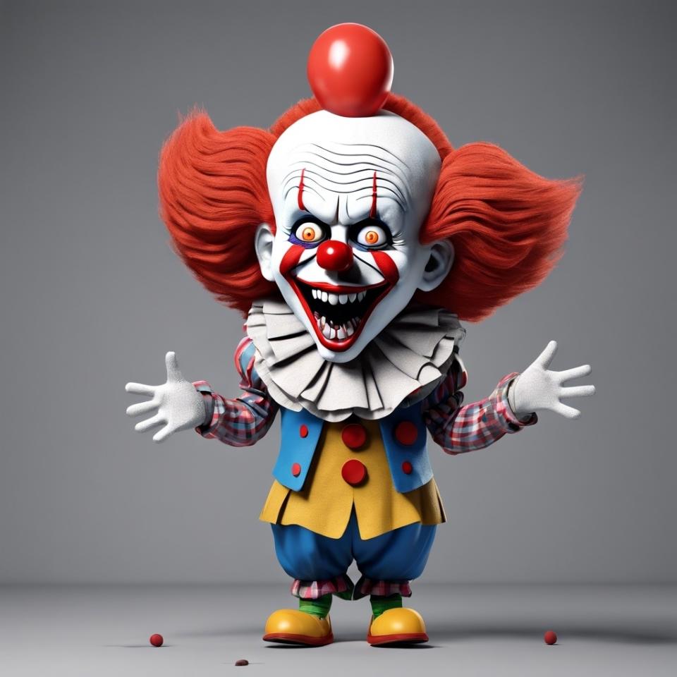 3D rendering of Pennywise the Dancing Clown from Stephen King's It, in a ruffled clown costume with open arms