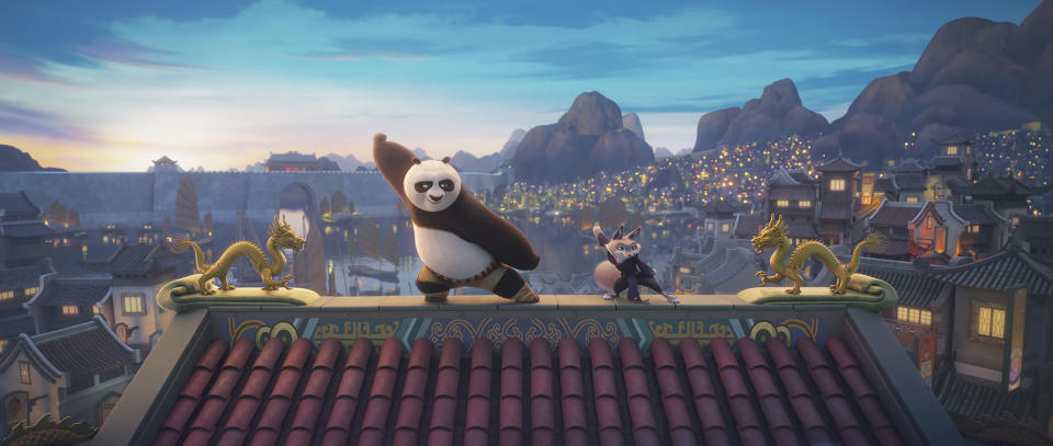 This image released by Universal Pictures shows characters Po, voiced by Jack Black, left, and Zhen, voiced by Awkwafina, in a scene from DreamWorks Animation's "Kung Fu Panda 4." (DreamWorks Animation/Universal Pictures via AP)