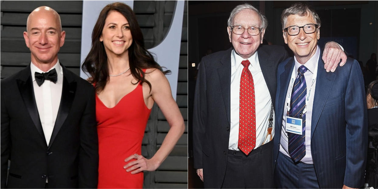 Photo collage of Jeff Bezos, MacKenzei Scott, Warren Buffet and Bill Gates.