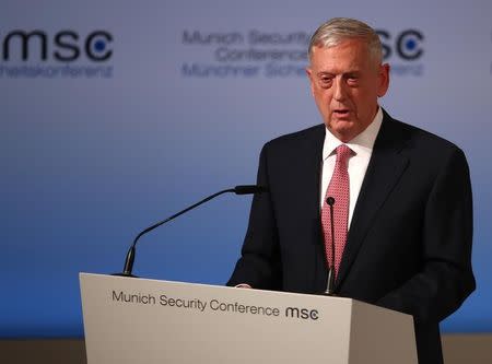 U.S. Defense Secretary Jim Mattis speaks at the opening of the 53rd Munich Security Conference in Munich, Germany, February 17, 2017. REUTERS/Michael Dalder