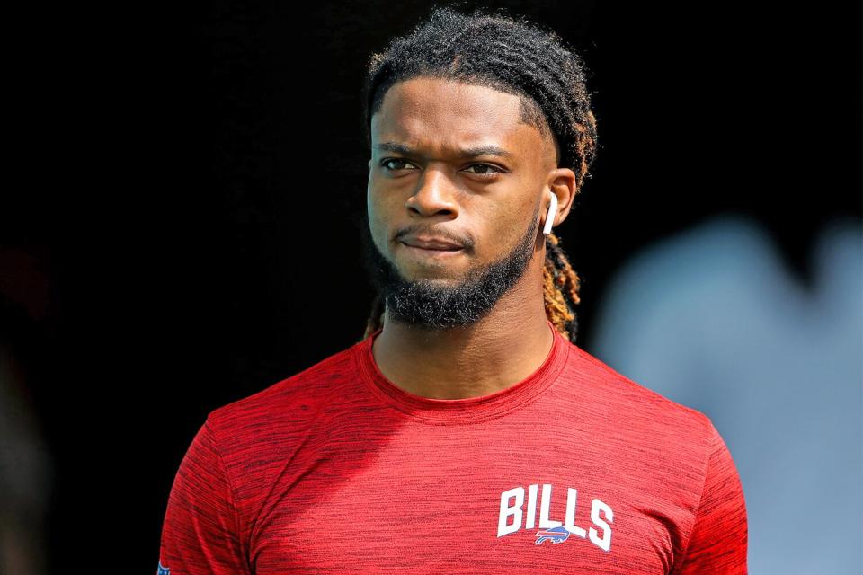 MIAMI GARDENS, FLORIDA - SEPTEMBER 25: Damar Hamlin #3 of the Buffalo Bills looks on prior to a game against the Miami Dolphins at Hard Rock Stadium on September 25, 2022 in Miami Gardens, Florida. (Photo by Megan Briggs/Getty Images)