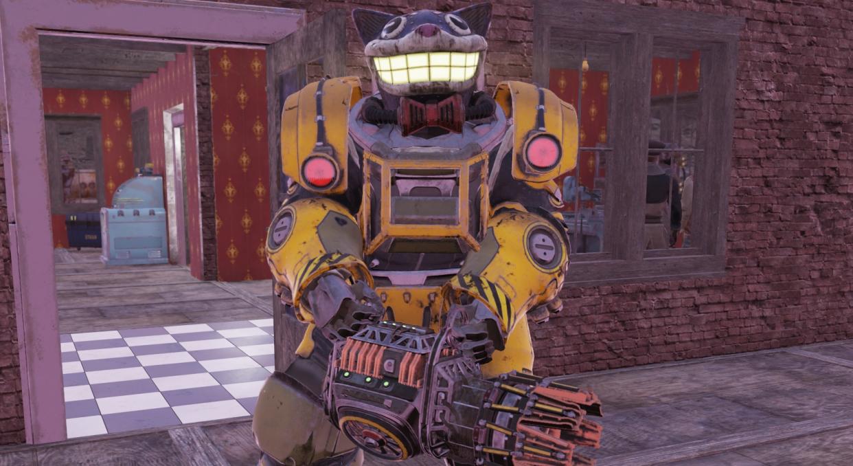  Fallout 76 power armour and cat helmet. 